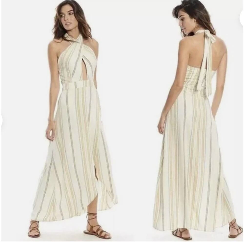HappyxNature Dress Women 16 Cream Striped Linen Halter‎ Maxi Cutout Resort Vacay